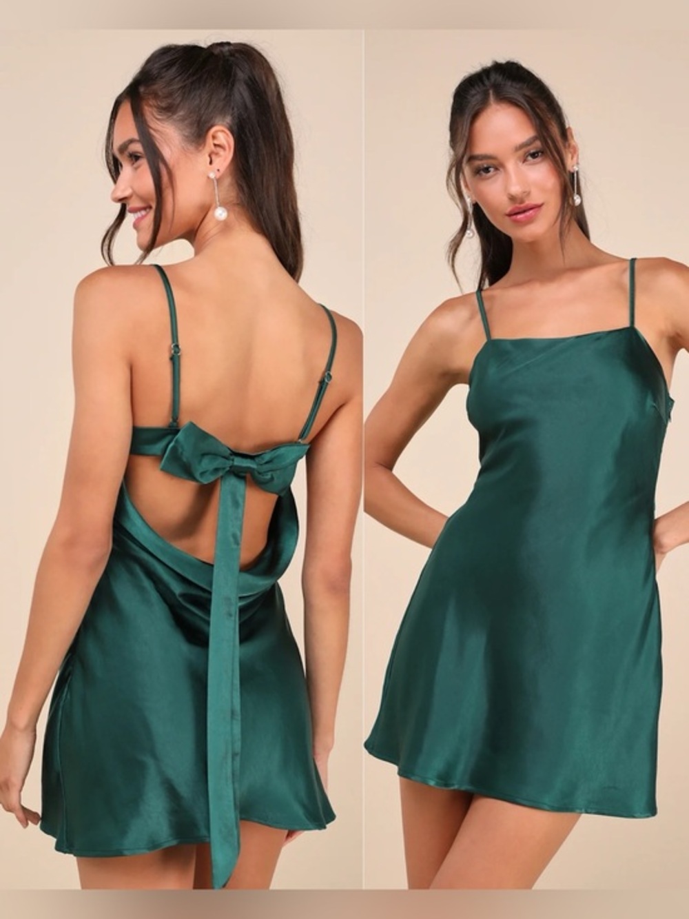 NWOT Lulu’s Sincerest Elegance Emerald Satin Cowl Back Bow Mini Dress Baddie XS